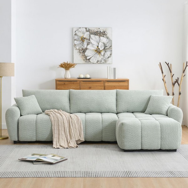 110 in. Rolled Arm Bonded Leather L-Shaped Sofa in Light Green with Large Seat, Ottoman and High Density Foam
