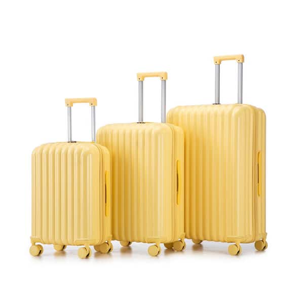 Peach 3-Piece Yellow ABS Hardside Spinner Wheel Luggage Set with Combination Lock, USB Port, Phone Holder, Cup Holder