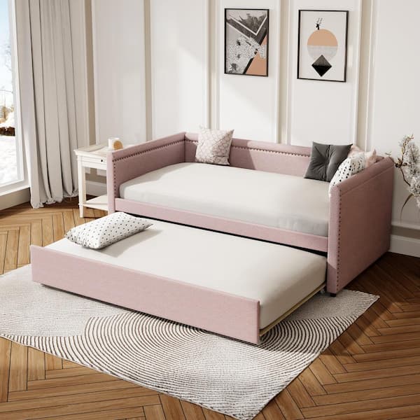 Harper & Bright Designs Pink Modern Style Twin Size Linen Upholstered Daybed with Trundle, Curved Arms, Nailhead Trims