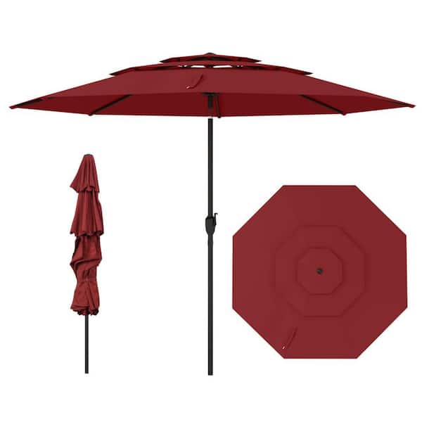 10 ft. Metal Market Tilt 3-tier Vented Patio Umbrella Large Table Umbrella Outdoor Sun Shade in Red