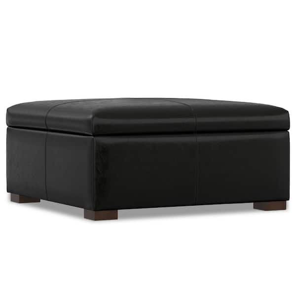 Simpli Home Gabbie 36 in. Square Coffee Table Storage Ottoman in Midnight Black PU Black faux leather, Assembled