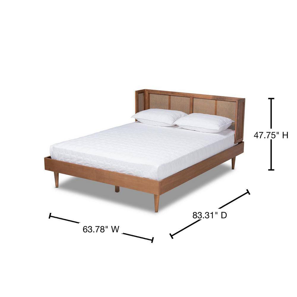 Mid-Century Walnut Queen Platform Bed with Synthetic Rattan Headboard