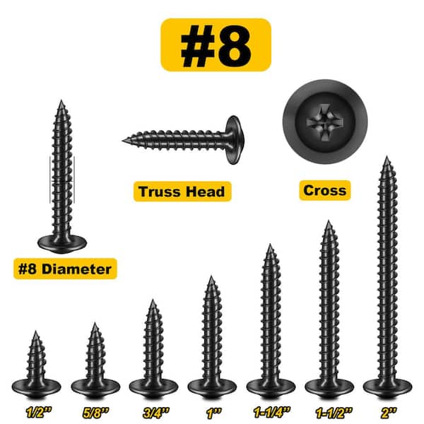 155-Piece #8 Truss Head Wood Screws Kit, Black Self-Tapping, Galvanized Zinc, for Wood, Plastic and DIY Projects