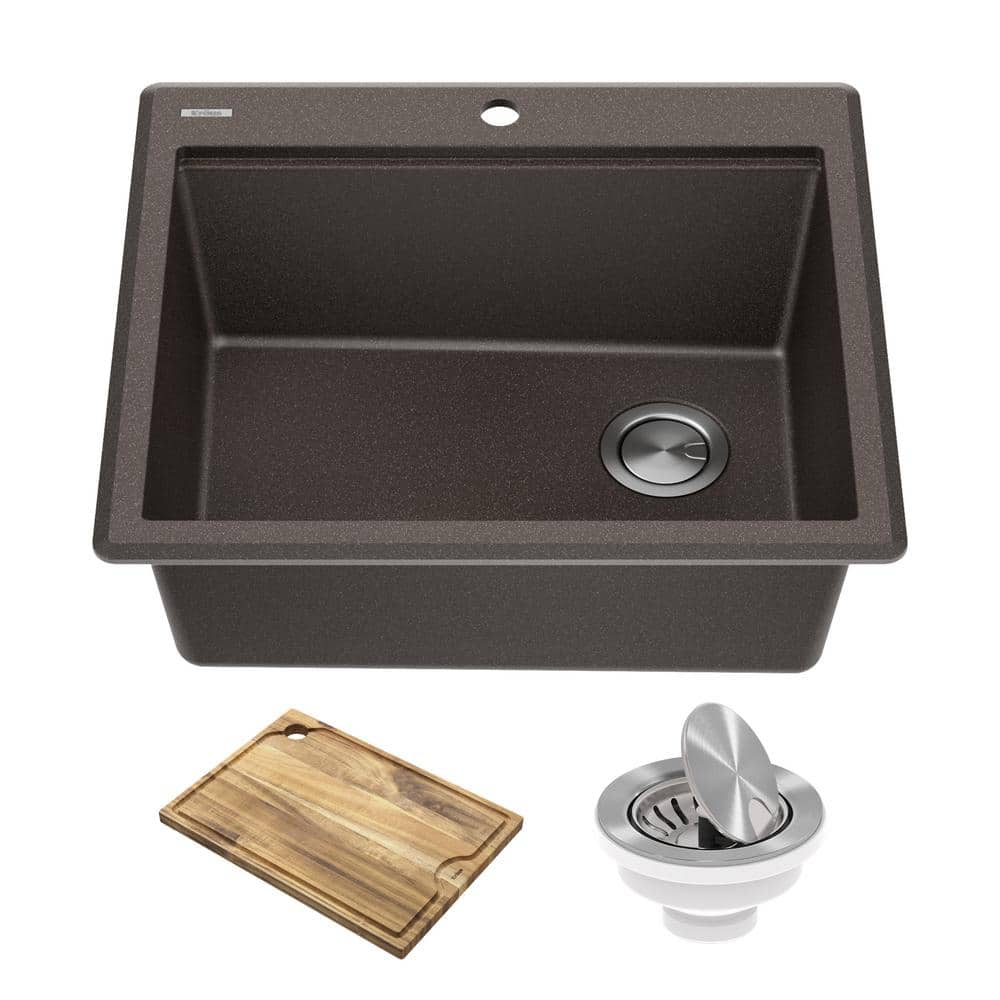 KRAUS Bellucci 25 Granite Composite Workstation Drop-In Top MountSingle Bowl Kitchen Sink in Metallic Brown with Accessories