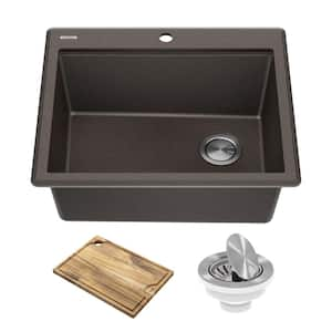 Bellucci 25 Granite Composite WorkstationDrop-In Top MountSingle Bowl Kitchen Sink in Metallic Brown with Accessories