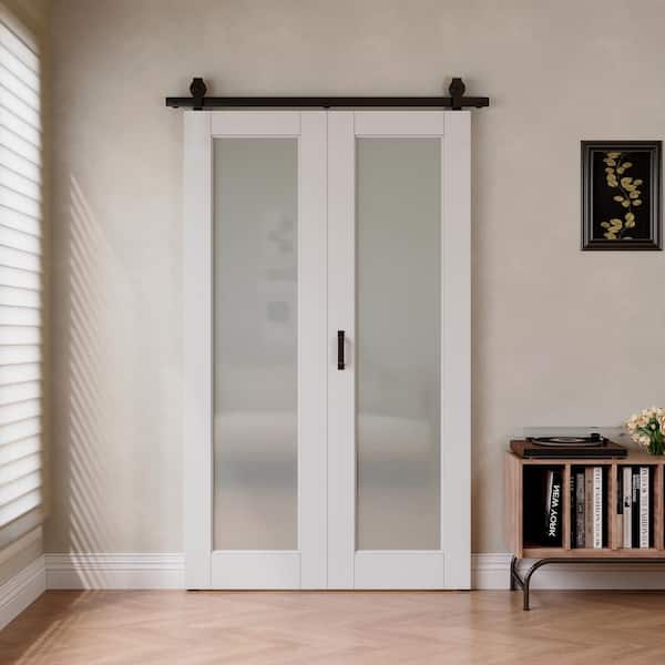 48 in. W. x 80 in. 1-Lite Tempered Frosted Glass White Primed MDF Bifold Sliding Barn Door with Hardware Kit