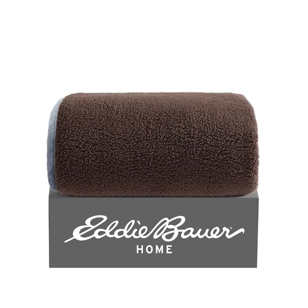 Eddie Bauer Solid Bi-Colored Reversible Brown/Blue Sherpa Throw Blanket