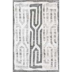 Erikka Geometric Stripes Machine Washable Light Gray Doormat 3 ft. x 5 ft. Accent Rug
