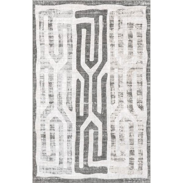 nuLOOM Erikka Geometric Stripes Machine Washable Light Gray Doormat 3 ft. x 5 ft. Accent Rug