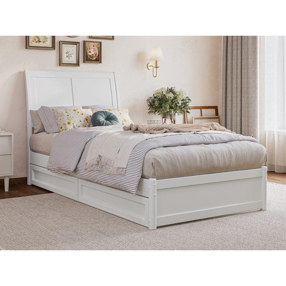 White Twin Wood Platform Bed with Storage Drawers and Slats