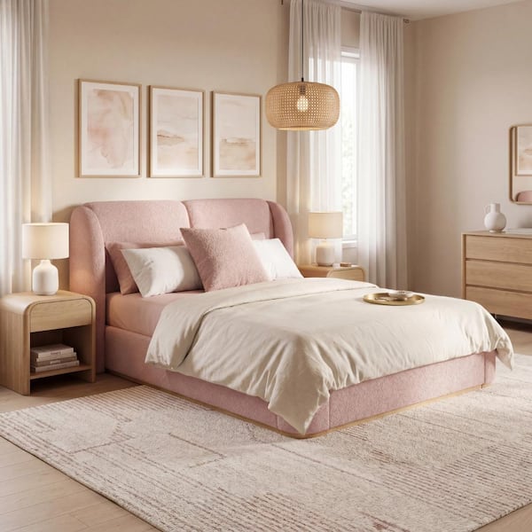 Pink Wood Frame King Size Upholstered Platform Bed with Soft Boucle Pillow and Wing Side