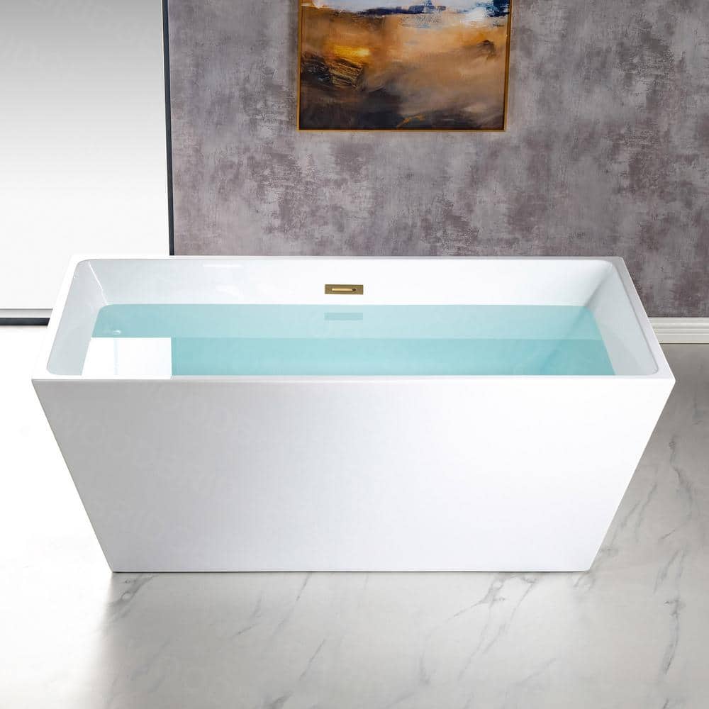 59'' White Acrylic Freestanding Rectangular Bathtub with Brushed Gold Trim