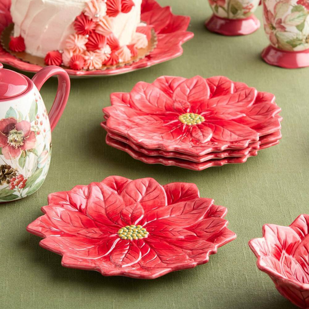 Winter Blooms 3-D Poinsettia Assorted Colors Ceramic 9 in. Dessert Plates (Set of 4) price history on PriceWatchPro