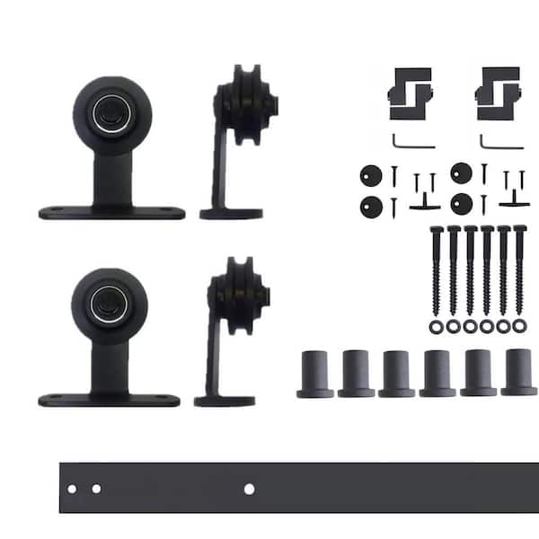 HOMACER 7.5 ft./90 in. Black Rustic Non-Bypass Sliding Barn Door Hardware Kit T-Shape Design Roller for Double Doors