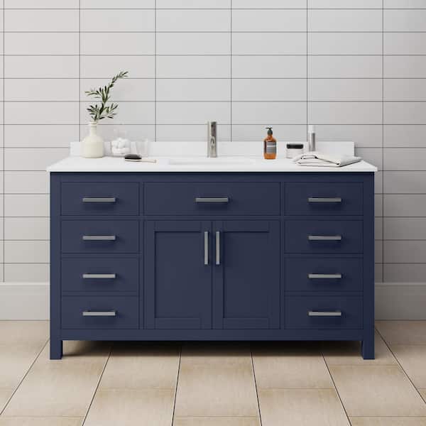 Wyndham Collection Beckett 60 in. W x 22 in. D x 35 in. H Single Sink Bathroom Vanity in Dark Blue with White Cultured Marble Top