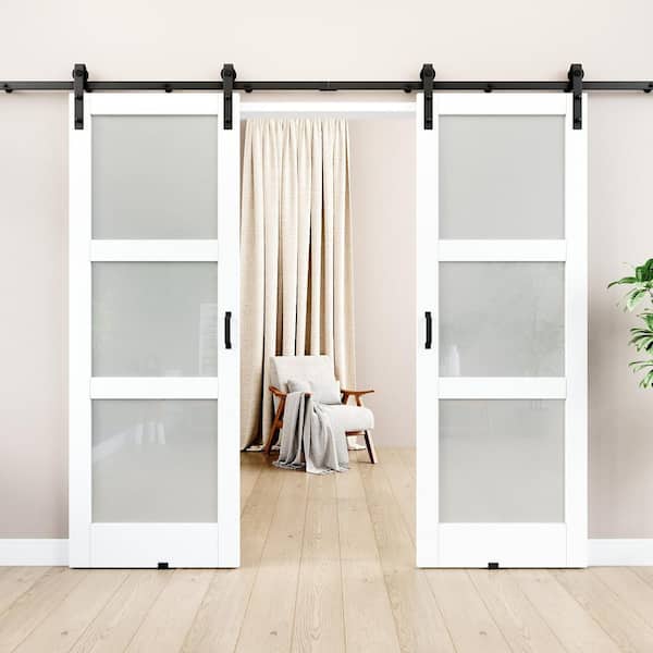 60 in. x 84 in. 3-Lite Frosted Glass White Primed MDF Double Assembly Required Sliding Barn Door with Hardware Kit