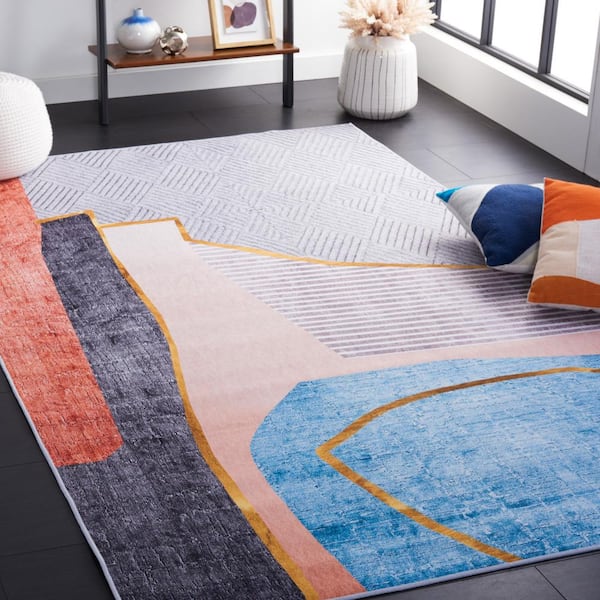 Tacoma Beige/Blue 8 ft. x 10 ft. Machine Washable Striped Geometric Area Rug