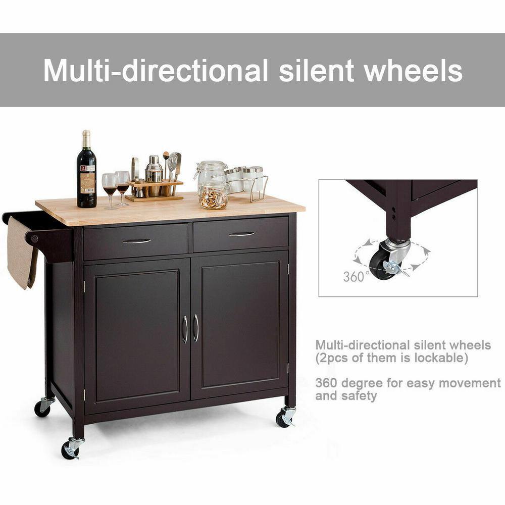 Modern Dark Brown Rolling Kitchen Cart with Wood Top and Storage