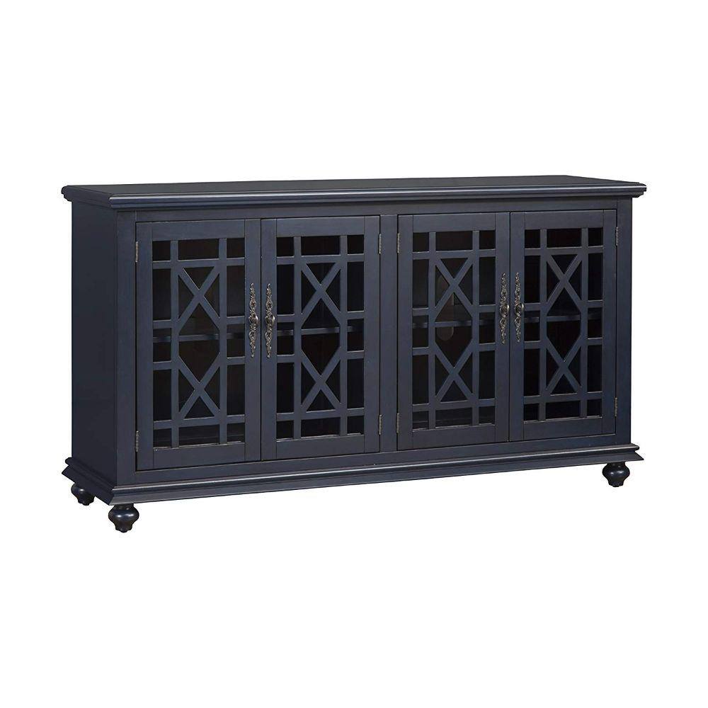 Benjara 63 In W Blue Wooden Tv Stand With Trellis Detailed Doors Fits 65 In Tv Bm178118 The Home Depot