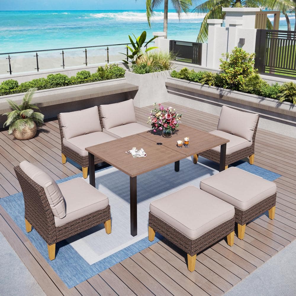 Brown Rattan Wicker 6 Seat 7-Piece Steel Outdoor Patio Dining Set With Beige Cushions,Rectangular Metal Table,2 Ottomans