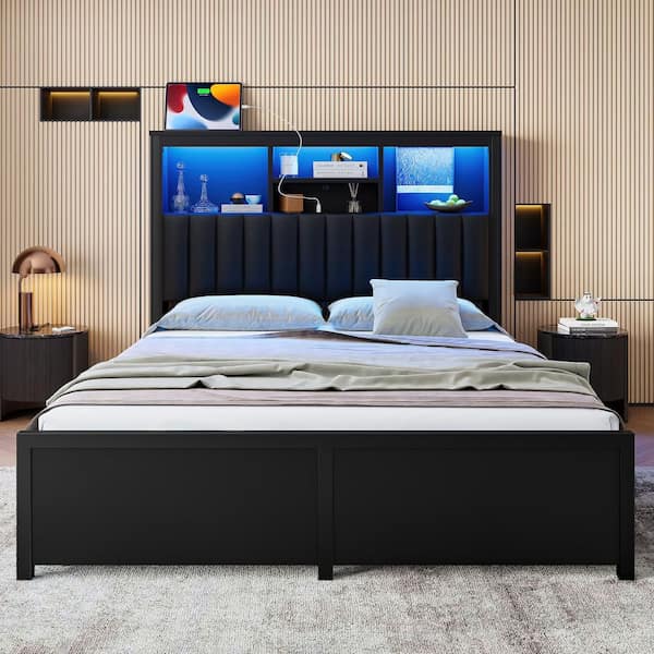 Black Metal Frame King Platform Bed with USB Charging Station, Bed Frame with High Storage Headboard, 4-Storage Drawers