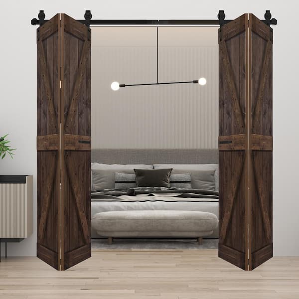 ISLIFE Style 48 in. x 80 in. (12in. x 80 in. x 4-Panels) Kona Coffee Solid Core Wood Bi-Fold Door Hardware Kit-Assembly Needed