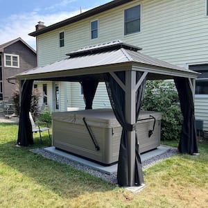 12 ft. x 14 ft. Light Gray Aluminum Power-Coated Frame Galvanized Steel Double Roof Hardtop Gazebo,Hooks Netting Curtain