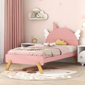 Pink Wood Frame Twin Size Platform Bed with Unicorn Shape Headboard