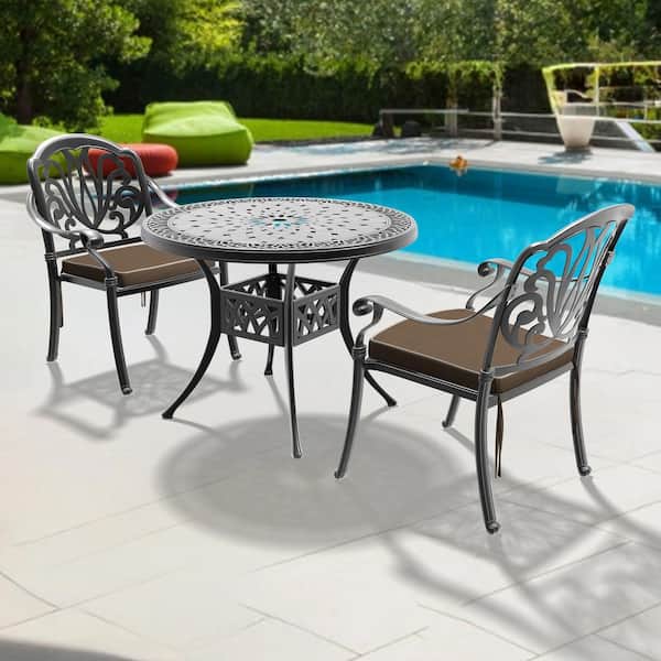 Willit Elizabeth Black 3-Piece Cast Aluminum Outdoor Dining Set with Round Table and Dining Chairs with Random Color Cushion