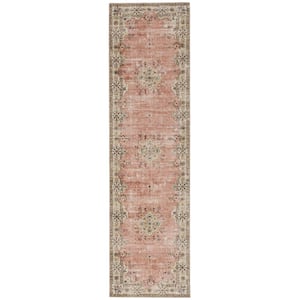 Washable Blaire Pink and Ivory 2 ft. x 8 ft. Distressed Polyester Runner Rug