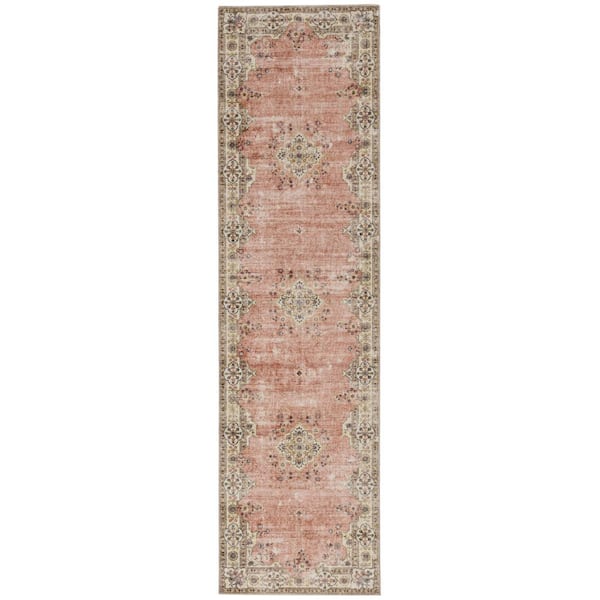 Linon Home Decor Washable Blaire Pink and Ivory 2 ft. x 8 ft. Distressed Polyester Runner Rug