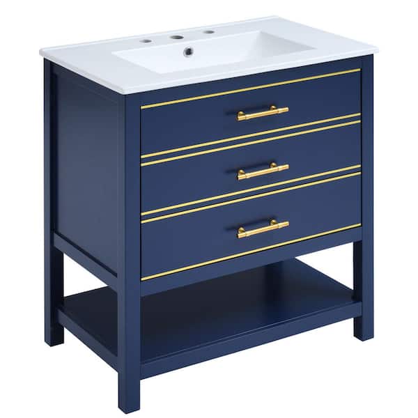 Unbranded 30 in. W x 18 in. D x 34 in. H Single Sink Freestanding Bath Vanity in Blue with White Ceramic Top