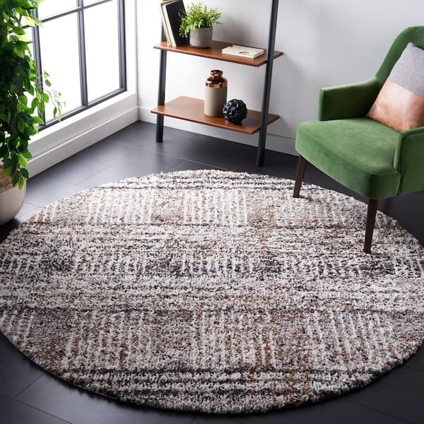 Jericho Shag 3 ft. x 3 ft. Black/Rust Abstract Striped Round Area Rug