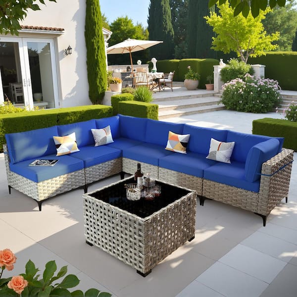 OVIOS Supery Gray 7-Piece Wicker Patio Conversation Seating Set with Navy Blue Cushions and Coffee Table