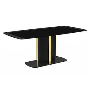 Sylva Modern 55 in. Rectangular Dining Table with Glass Tabletop and Gold Steel Pedestal Base, Black