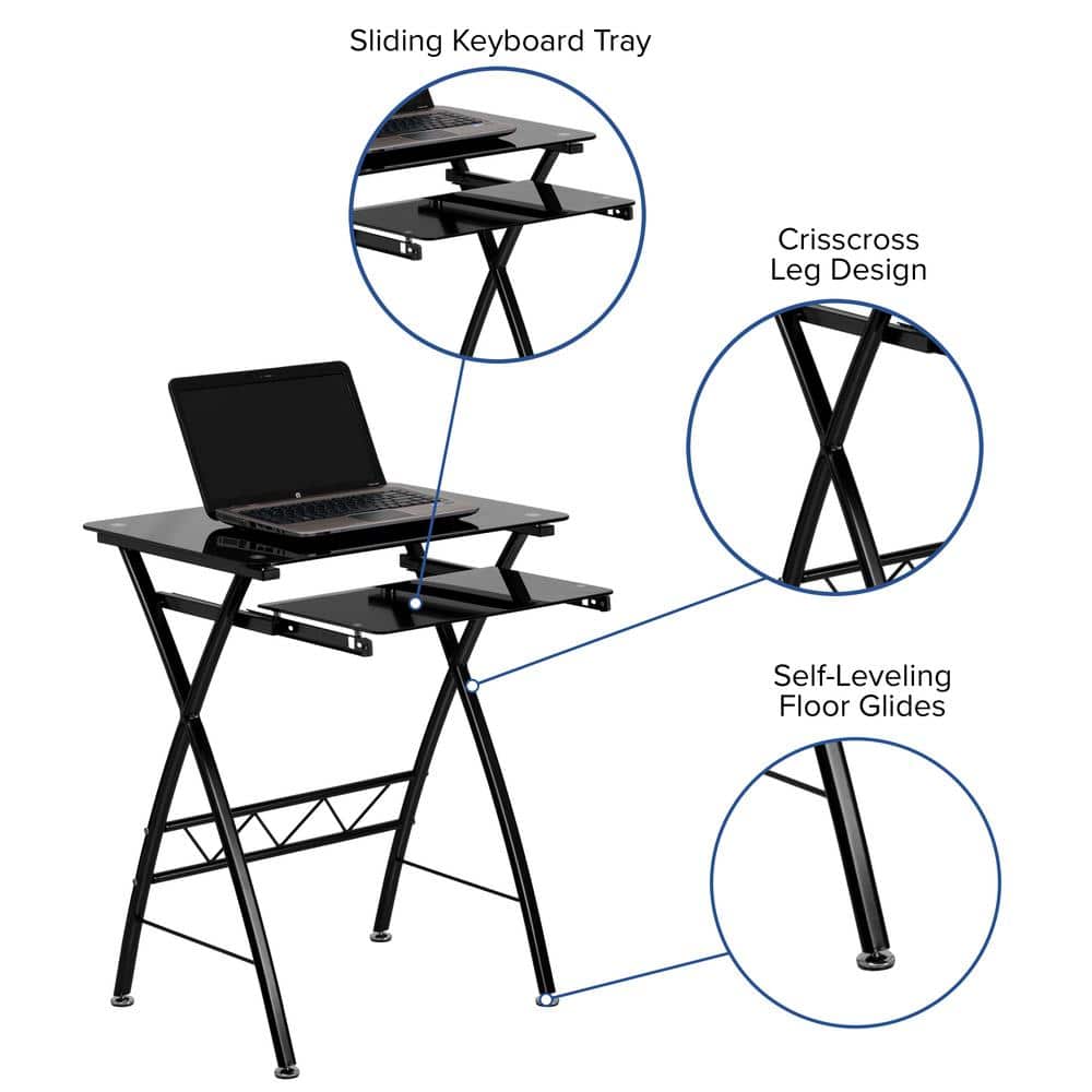 Compact Norris 31" Black Tempered Glass Computer Desk with Keyboard Tray