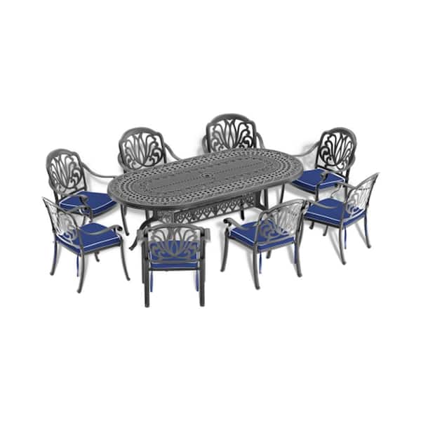 Misopily 9-Piece Cast Aluminum Black Outdoor Dining Set with Random Colors Cushions and Umbrella Hole