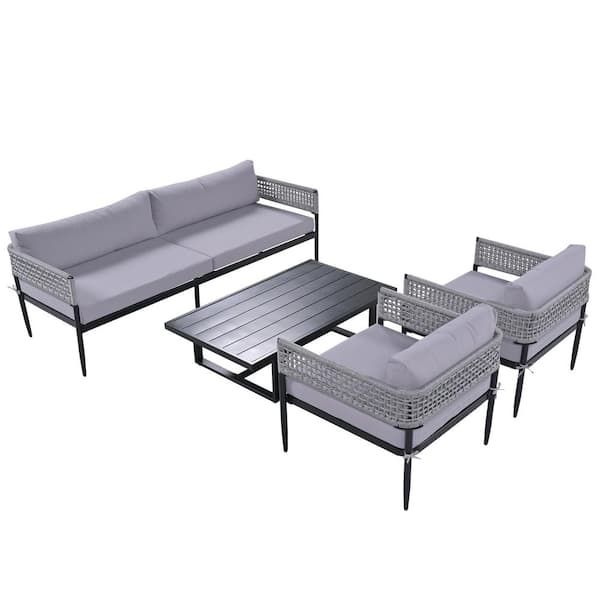 Afoxsos Light Luxury Style Gray 3-Piece Metal Outdoor Couch Suit with Gray Cushion & Coffee Table