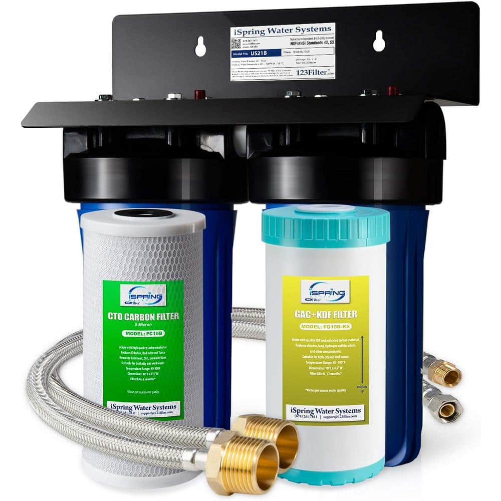 iSpring US21B Heavy Duty 2-Stage Undersink Water Filtration System with 10” x 4.5” GAC+KDF and CTO Carbon Block Filters  1” Ports