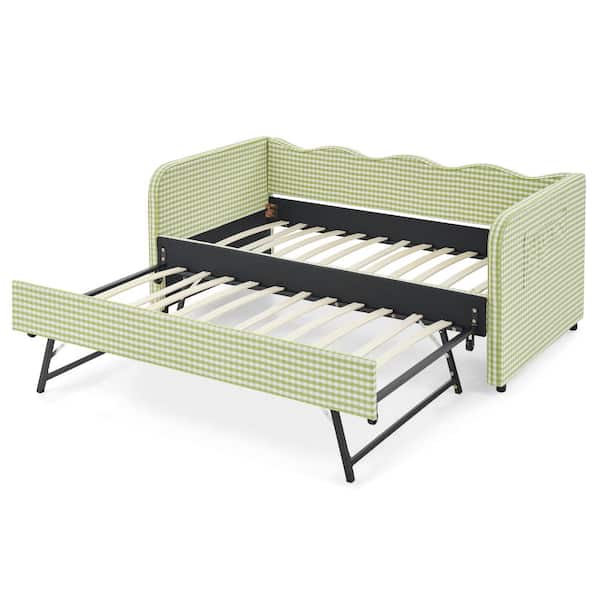 Green Twin Size Daybed Gingham Upholstered 3‑in‑1 Versatile Convertible Sofa Bed w/Pull‑Out Trundle Side Storage Pockets
