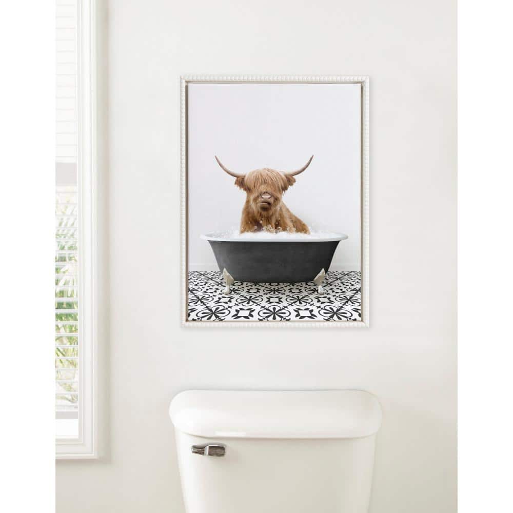 18" x 24" White Framed Canvas Print of Highland Cow in Bathtub
