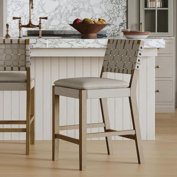 Cohen 24 in. H Gray Mahogany Coastal Wood Counter Height Bar Stool, with Leather Back for Kitchen