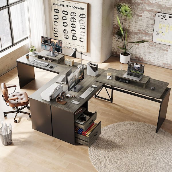 Bestier 55.7 in. Retro Grey Oak Dark 2 Drawer L-Shaped Computer