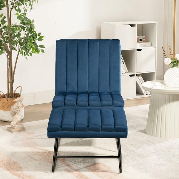 Unbranded Modern Dark Blue Velvet Upholstered Armless Lazy Chaise Lounge with Ottoman