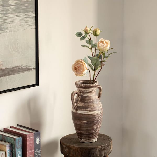 Uniquewise 12 in. Whitewashed Ceramic Flower Vase Rustic Farmhouse for Home Decor Table Shelf Living Room Bedroom Brown Shape Round