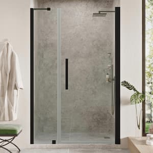 Pasadena 47-3/8 in. W x 72 in. H Pivot Frameless Shower Door in Black with Shelves