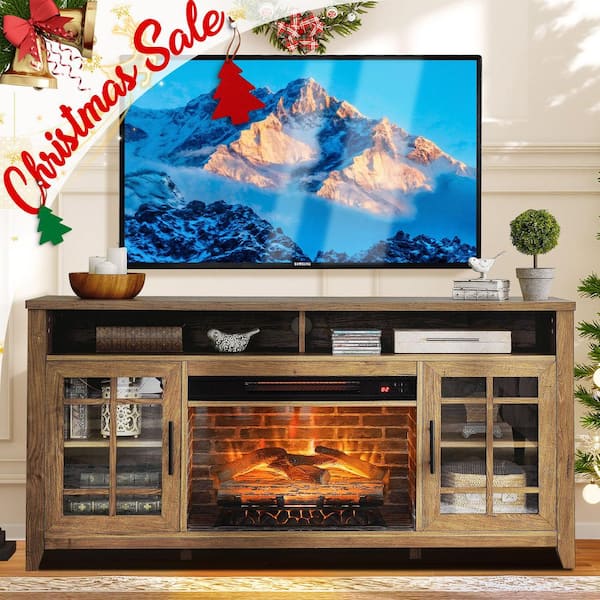 55 in. Freestanding Electric Electric Fireplace TV Stand with 23 in. Fireplace Insert, KD Inserts Heater in Barnwood