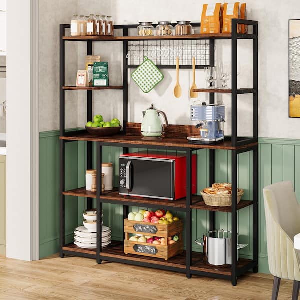 BYBLIGHT Keenyah 4-Shelf Metal 55 in. W Black and Brown Baker's Rack Kitchen Storage Shelves