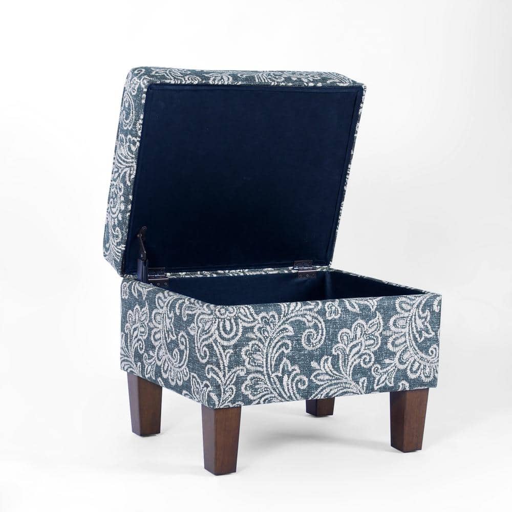 Medium Blue Denim Jacobean Print Storage Ottoman with Hinged Lid