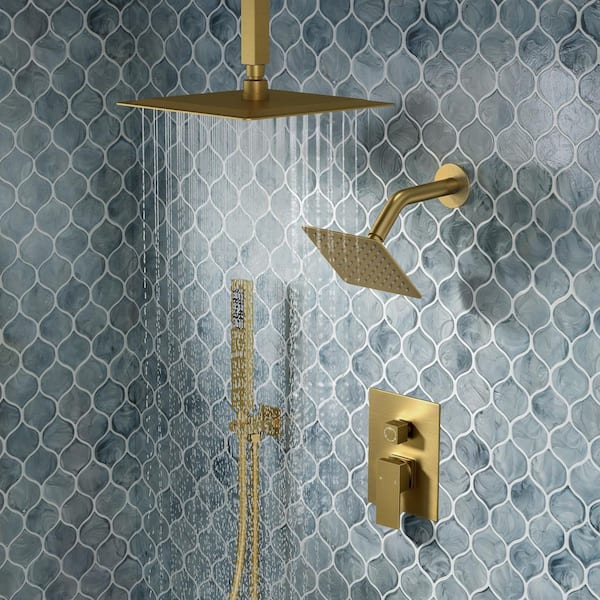 3-Spray Ceiling Mount 10 and 6 in. Dual Shower Head and Handheld Shower Head 2.5 GPM in Brushed Gold (Valve Included)